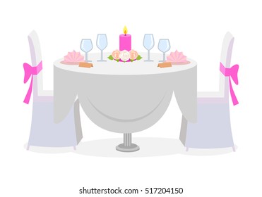 Wedding table decor. Served wedding table with luxury plates, candles and glasses. Holiday marriage table and chairs. Celebration of wedding concept. Luxury interior. Vector illustration in flat style