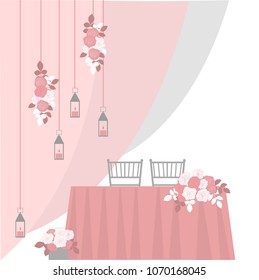 Wedding table decoration. Table for bride and groom. Vector illustration.