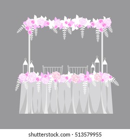 Wedding table decoration. Table for bride and groom. Vector illustration.