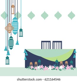 Wedding table decoration. Table for bride and groom.  Moroccan style. Vector illustration.