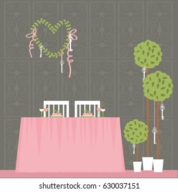 Wedding table decoration. Table for bride and groom. Vector illustration.