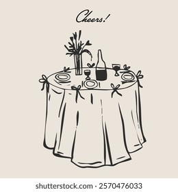 Wedding table decoration illustration in vintage retro sweet la dolce vita holiday party printable menu, invitation, poster art.