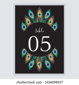 Wedding table number card template with peacock feather decoration