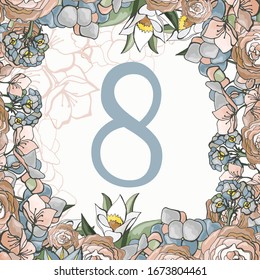 Wedding table number with hand drawn floral elements. Vector illustrations