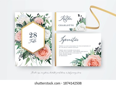 Wedding table number, place card, details, with blush peach, dusty pink, white Rose flowers, green Eucalyptus leaves, berry bouquet, luxury gold frame decoration. Vector, watercolor style illustration