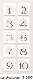 Wedding table numbers card design in soft pastel colors, seashells and pearl gemstones isolated on light background