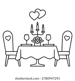 Wedding table, wedding table reception setup black and white vector line illustration
