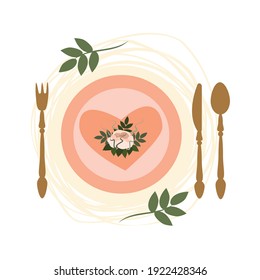 Wedding Table Setting, Cartoon Flat Illustration. Holiday Cutlery Vector Set: Forks, Knife, Spoons, Plate With Flower, Romantic Dinner, Wedding Brunch