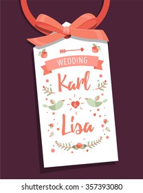 Wedding tag with bow. Wedding invitation card suite with daisy flower Templates Wedding set. RSVP card. Flower and bird vector illustration. Save The Date and celebration love card.