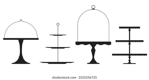 Plato de la torta del té de la Boda, silueta aislada de la bandeja del soporte. Soporte De Mesa Retro, Pedestal Y Placa De Exhibición Para Postres, Comida Dulce Y Pasteles. Plato de exhibición de la torta de la porción, soporte escalonado