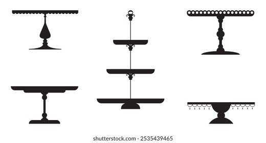 Platter do bolo de chá do casamento, Silhueta isolada da bandeja do suporte. Suporte De Mesa Retro, Pedestal E Placa De Exibição Para Sobremesas, Alimentos Doces E Pastelaria. Servindo Platter de exibição de bolo, suporte em camadas