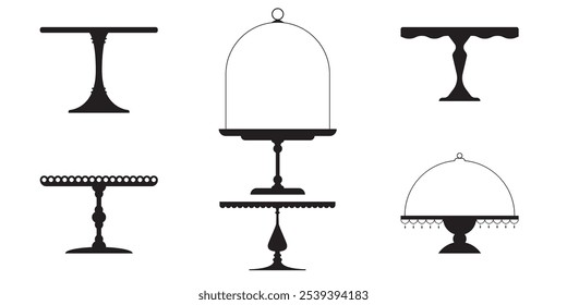 Hochzeitstee-Kuchenplatte, isolierte Standschale Silhouette. Retro Tischständer, Standfuß und Ausstellplatte für Desserts, Süßspeisen und Gebäck. Servierplatte für Kuchen, Gestell