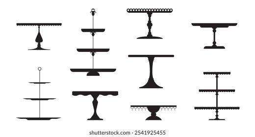 Platter do bolo de chá do casamento, Silhueta isolada da bandeja do suporte. Suporte De Mesa Retro, Pedestal E Placa De Exibição Para Sobremesas, Alimentos Doces E Pastelaria. Servindo Platter de exibição de bolo, suporte em camadas