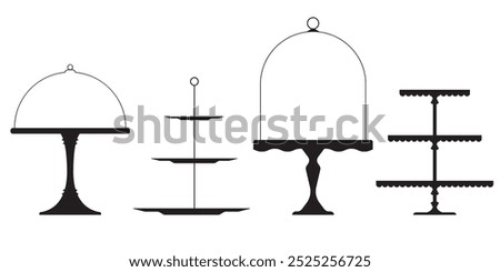 Wedding Tea Cake Platter, Isolated Stand Tray Silhouette. Retro Table Stand, Pedestal And Display Plate For Desserts, Sweet Food And Pastries. Serving Cake Display Platter, Tiered Stand