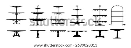 Wedding tea cake platter, isolated stand tray silhouettes. Vector retro table stands, pedestals and display plates for desserts, sweet food and pastries. Serving cake display platters, tiered stands