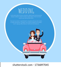 Wedding template card, smiling newlyweds with rising hands standing in holiday car with flowers, groom embracing bride in festive auto, invitation vector