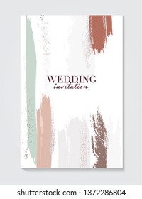 Wedding template in green brown nude colors with glitter elements. Invitation to a company event. Cover product catalog. Business card. Brush strokes in gentle pastel colors on white background