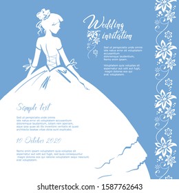 Wedding template of invitation card with text and flower decoration for design. Silhouette of young couple. Beautiful bride and handsome groom. Vector hand drawn graphic illustration.