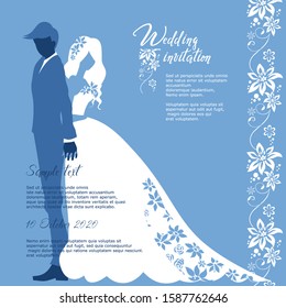 Wedding template of invitation card with text and flower decoration for design. Silhouette of young couple. Beautiful bride and handsome groom. Vector hand drawn graphic illustration.