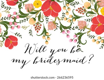 Wedding Template invitation featuring the words "Will you be my bridesmaid?"