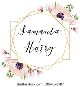 Wedding template  invite card with pink powder anemones, blooming magnolia branch, fern. Romantic invitation, save the date card design. Greenery foliage in rustic boho style in golden frame.