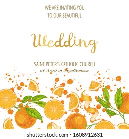 Wedding template with juicy oranges with flowers and leaves