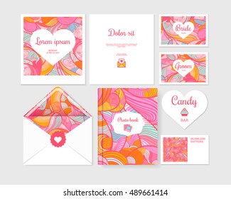 Wedding templates for card,invitation,book and  envelope.Vector hand drawn set