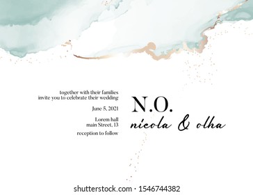 Wedding tender alcohol ink blue green and gold concept. Soft liquid flow poster, invite. Vector decorative greeting card or invitation design background.