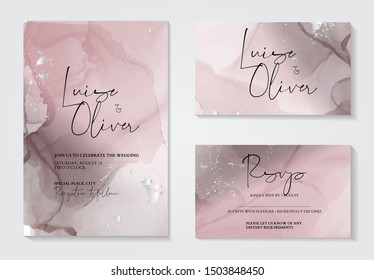 Wedding tender dusty rose  holographic silver decoration. Soft dark pink tender ink splash, liquid flow. RSVP card, thank you decor