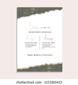 Wedding tender green holographic silver decoration. Soft tender ink splash, liquid flow on torn ripped paper rustic pastel green colors. RSVP card, thank you decor