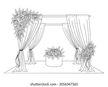 Tienda de bodas decorada con flores. Imagen dibujada a mano. Estilo de línea gráfica.  Ilustración vectorial. Aislado en blanco. 