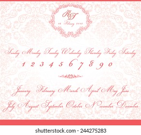 Wedding text alphabet, Date time, Invitation template Vintage design concept. Vector illustration