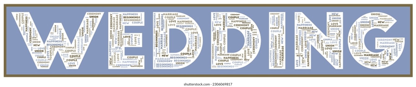 WEDDING text filled with related keywords of various sizes. Wedding word cloud. Authentic vector illustration.
