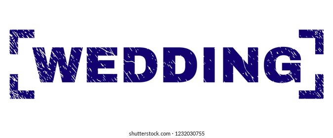 WEDDING text seal imprint with grunge style. Text title is placed between corners. Blue vector rubber print of WEDDING with grunge texture.