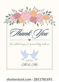 Wedding Thank You Card, Rose Floral Border with Dove Birds and Heart Divider
