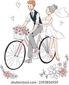 Wedding theme. Bride and groom on a bicycle.