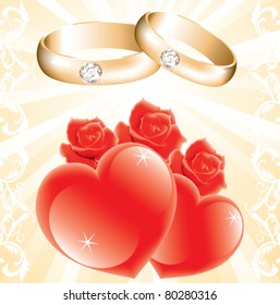 wedding theme with golden rings, roses and hearts, vector