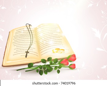 wedding theme with opened Bible, golden rings and roses