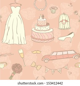 Wedding theme seamless vector pattern in delicate pink color. Cute and detailed vector set. Wedding dress, bouquet, cake, champaign and other elements for save the date cards and wedding invitations.