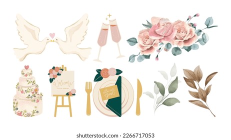 Iconos de inspiración de acuarela de tema de boda. Palomas de besar, copas de champán, arreglos de rosas, torta de bodas en capas, cartel de bienvenida, decoración de mesa, hojas decorativas. Aislado en blanco.