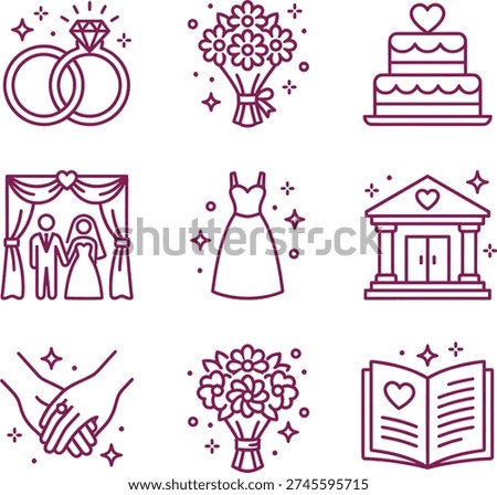 Wedding themed icons set with rings, bouquet, cake, dress, church, and love symbols on white background