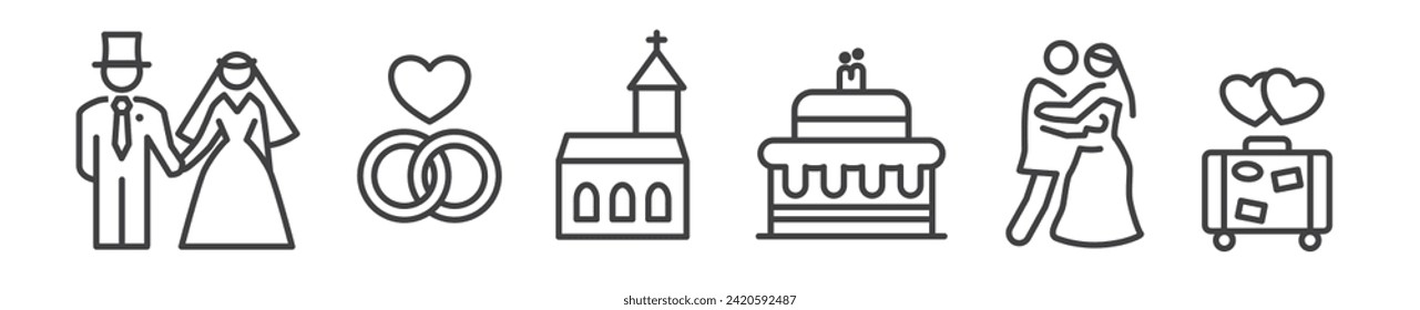 boda - colección de iconos de línea delgada sobre fondo blanco - ilustración vectorial