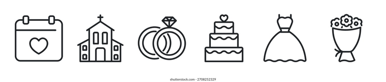 Conjunto de iconos de línea delgada de Boda. Web de iconos mínimos