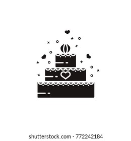 Wedding three tiered cake with heart symbol on top - black icon, silhouette, sign, symbol, pictogram, element, emblem on isolated white background.