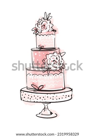 Wedding tiered cake on a stand decorated with flowers, peonies and roses. Vintage sketch illustration for birthday, invitation, candy store. Modern vector illustration isolated on white background.