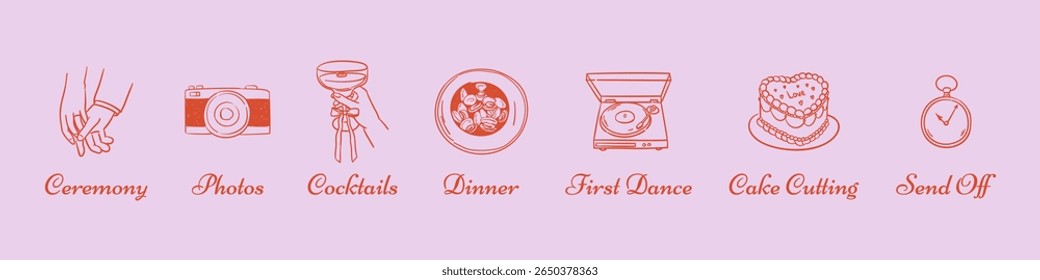 Wedding timeline icons in hand drawn doodle style with first dance, cocktail hour, cake, romantic ceremony, photos, dinner symbols. Vector linear wedding for event planning, stationary, signage.