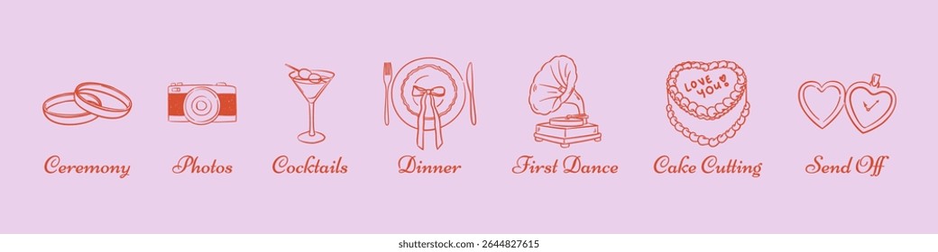 Wedding timeline icons set. Hand drawn linear vector symbols for romantic ceremony, photos, dinner, dance, cake. Elegant doodle line art minimalist style for invitation, infographic, planning.	