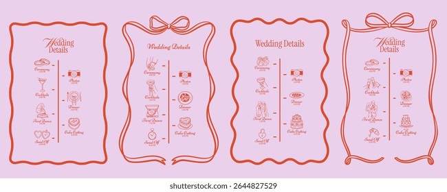 Wedding timeline infographic with minimalist schedule variations, program cards. Linear icons for ceremony, dinner, cake, dance. Elegant outline design for printed wedding materials, invitation.	 - Powered by Shutterstock - Get 15% off with code: PIKWIZARD15