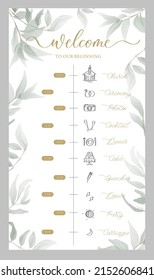 Wedding Timeline menu on wedding day with green watercolor botanical leaves. Abstract floral art background vector design for wedding and vip cover template