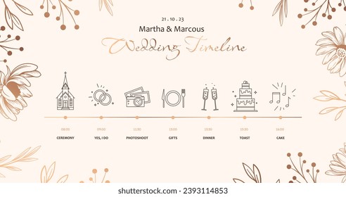 Wedding timeline template. Organization of event and holiday. Marriage ceremony timetable. Photoshoot, dinner, gifts, toast and cake. Aesthetics and elegance. Linear flat vector illustration